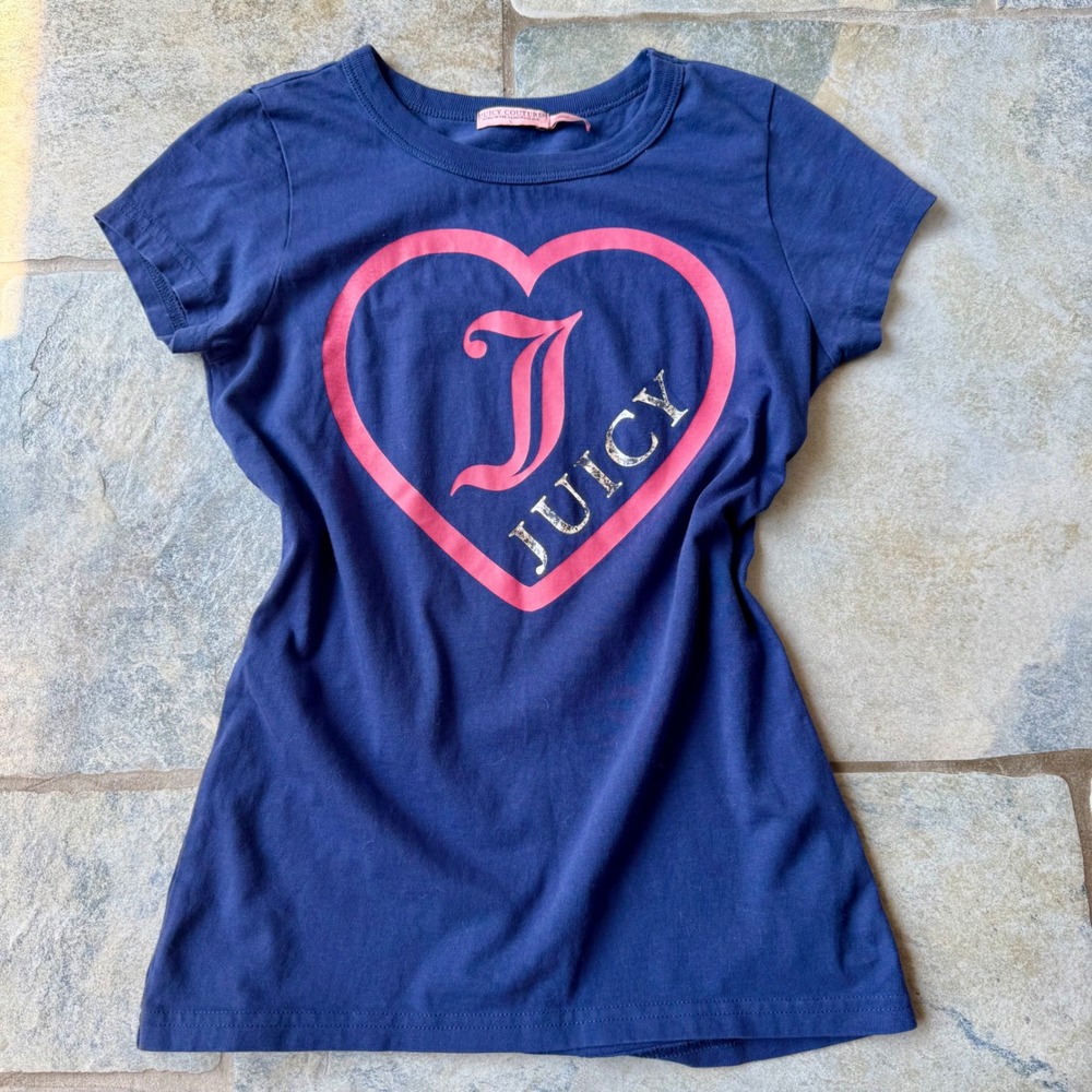 Y2K Juicy Couture Navy Foil Logo Heart Tee Size Small Vintage 2000s